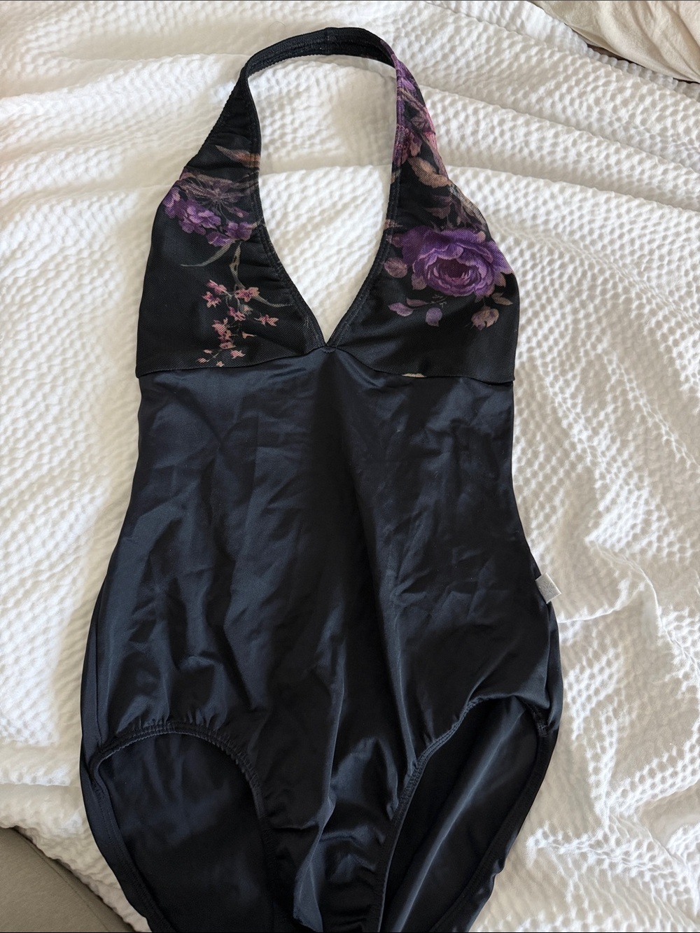 Class In Dancewear Black Halter Leotard with Purple Floral Accents